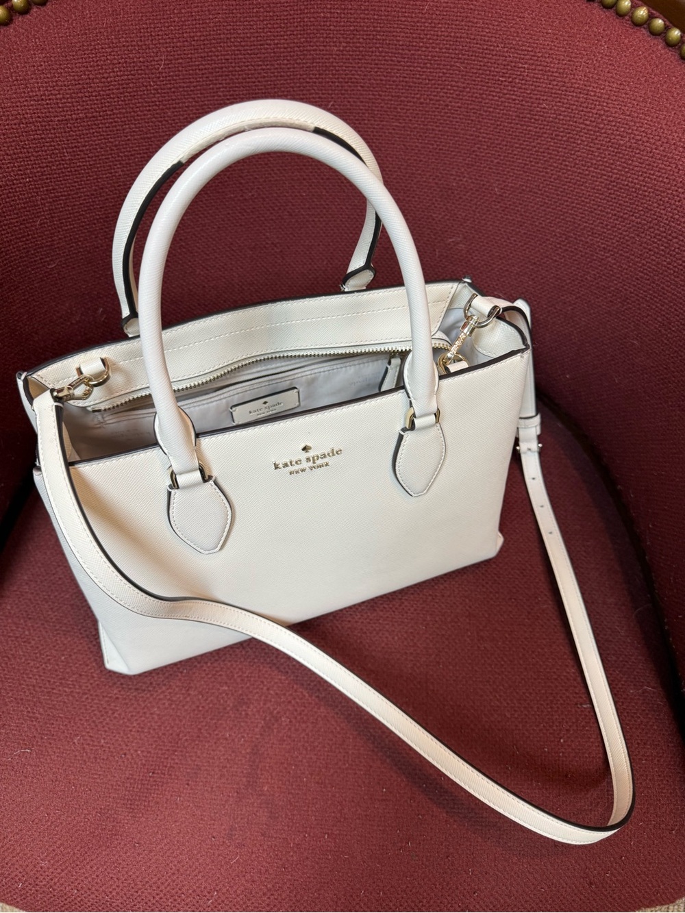 kate spade White Leather Satchel with Gold Hardware and Detachable Strap